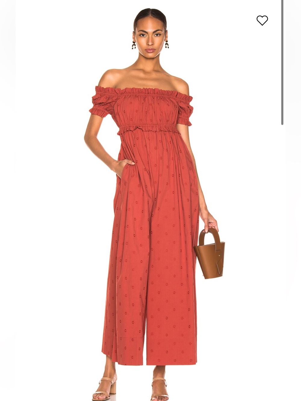 Ulla Johnson Brick Red Off-Shoulder Smocked Wide-Leg Jumpsuit